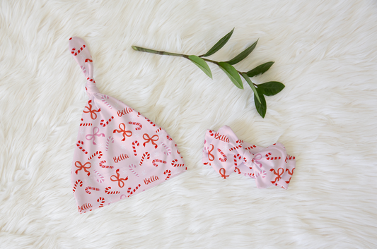 Peppermint Bows Christmas Personalized Knotted Newborn Hat & Bow Headband