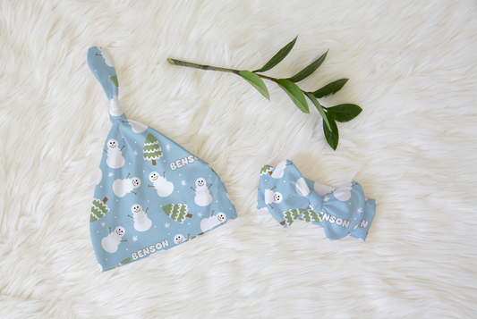 Snowman Wonderland Christmas Personalized Knotted Newborn Hat & Bow Headband