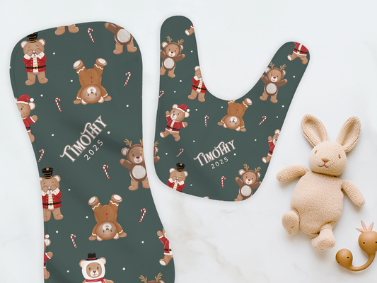 Teddy Bear Toyland Christmas Personalized Burp Cloth & Bib