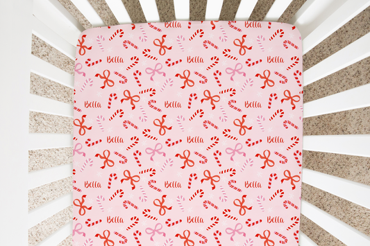 Peppermint Bows Christmas Personalized Crib Sheet