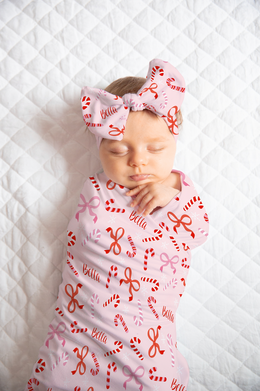 Peppermint Bows Christmas Personalized Name Swaddle Blanket