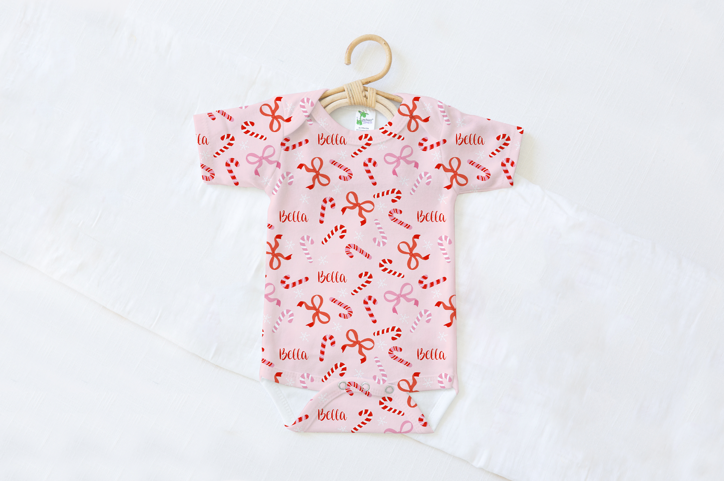 Peppermint Bows Christmas Personalized Name Baby Bodysuit