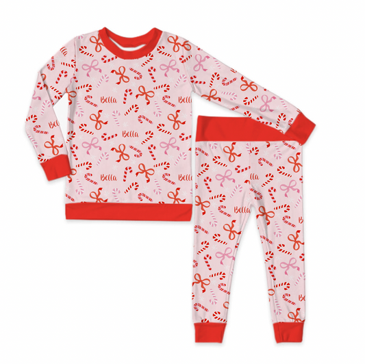 Peppermint Bows Christmas Long Sleeve Jersey Jams – Two-Piece Loungewear Set