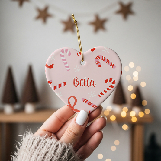 Peppermint Bows Personalized Heart Ceramic Christmas Ornament