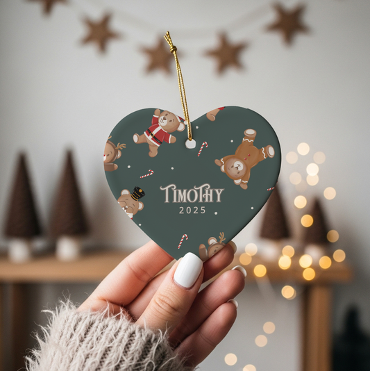Teddy Bear Toyland Heart Personalized Ceramic Christmas Ornament