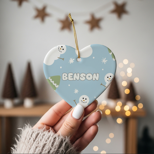 Snowman Wonderland Heart Personalized Ceramic Christmas Ornament