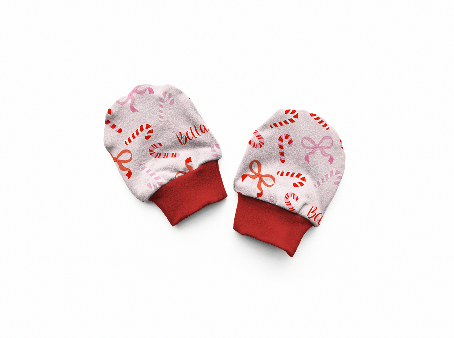 Peppermint Bows Christmas Personalized Baby Mittens