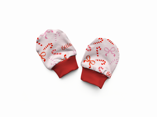 Peppermint Bows Christmas Personalized Baby Mittens