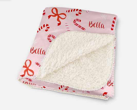 Peppermint Bows Christmas Personalized Sherpa Blanket