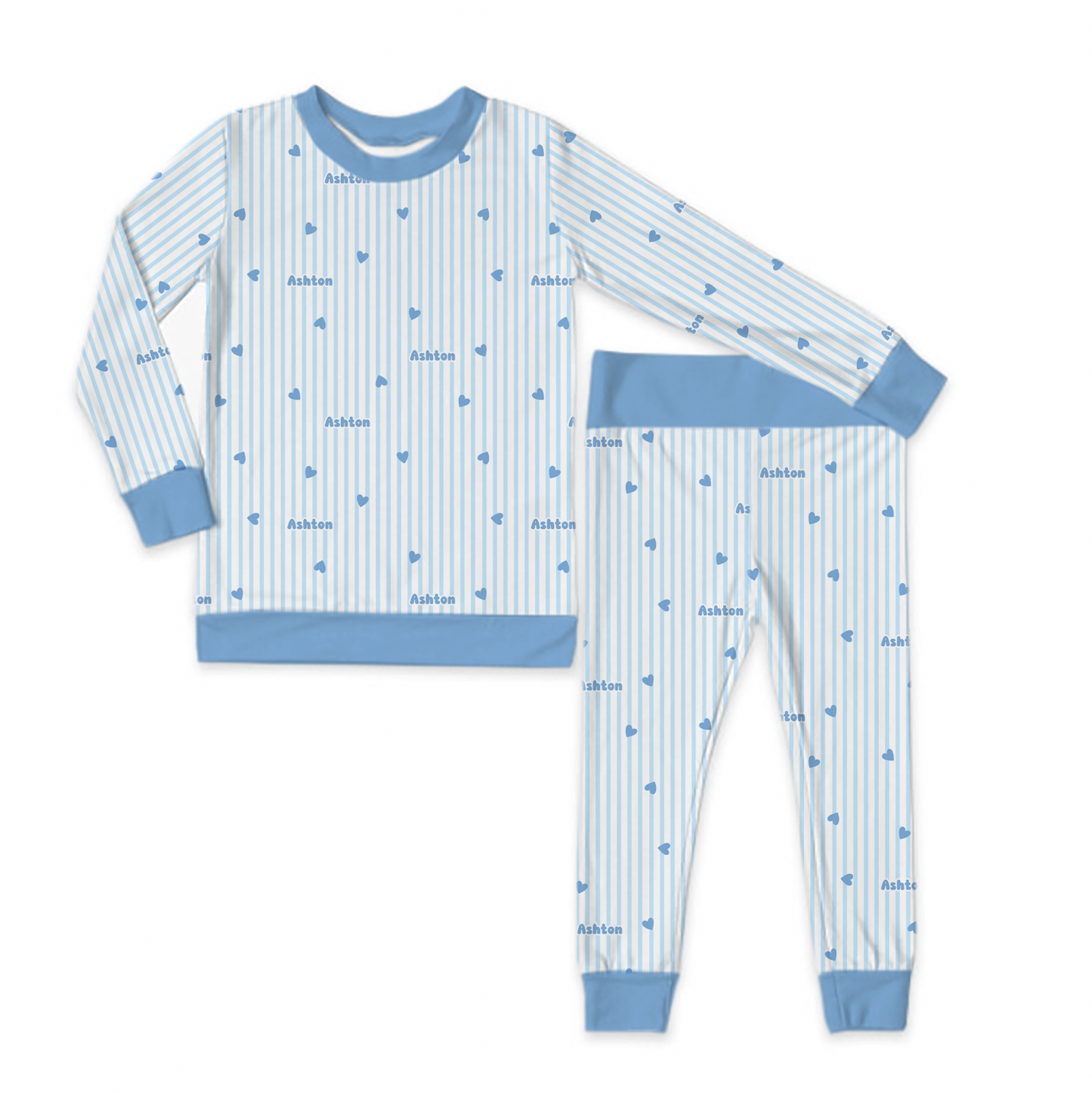 Valentine Blue Sweetheart Stripes Personalized Jersey Jams – Two-Piece Loungewear Set