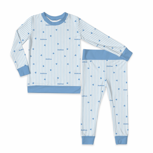 Valentine Blue Sweetheart Stripes Personalized Jersey Jams – Two-Piece Loungewear Set