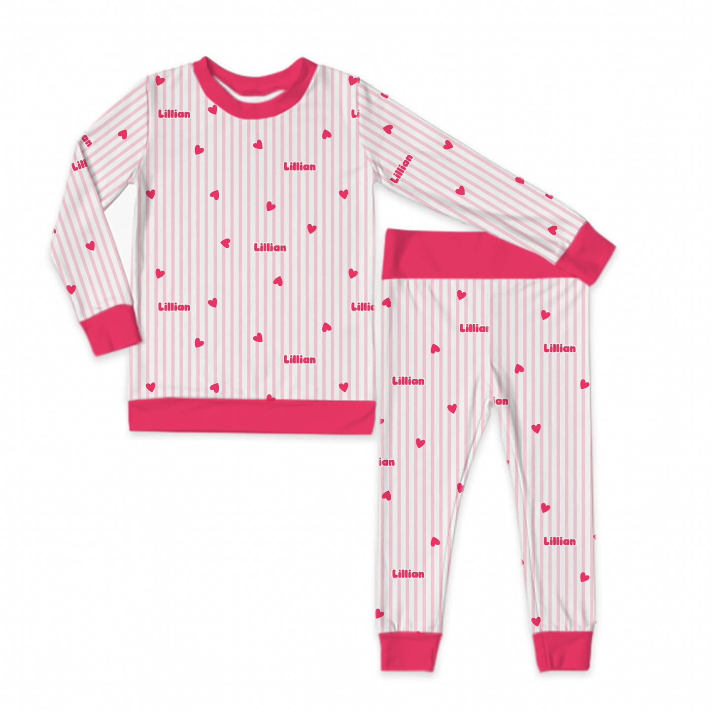 Valentine Pink Sweetheart Stripes Personalized Jersey Jams – Two-Piece Loungewear Set