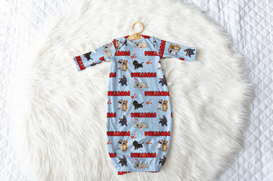 Puppy Love Blue Personalized Name Infant Gown