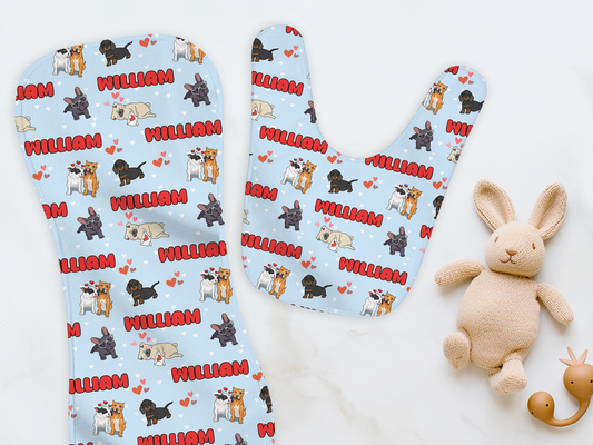 Puppy Love Blue Personalized Name Burp Cloth & Bib