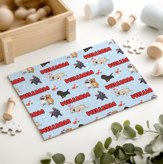 Puppy Love Blue Kids Personalized 30 Piece Puzzle