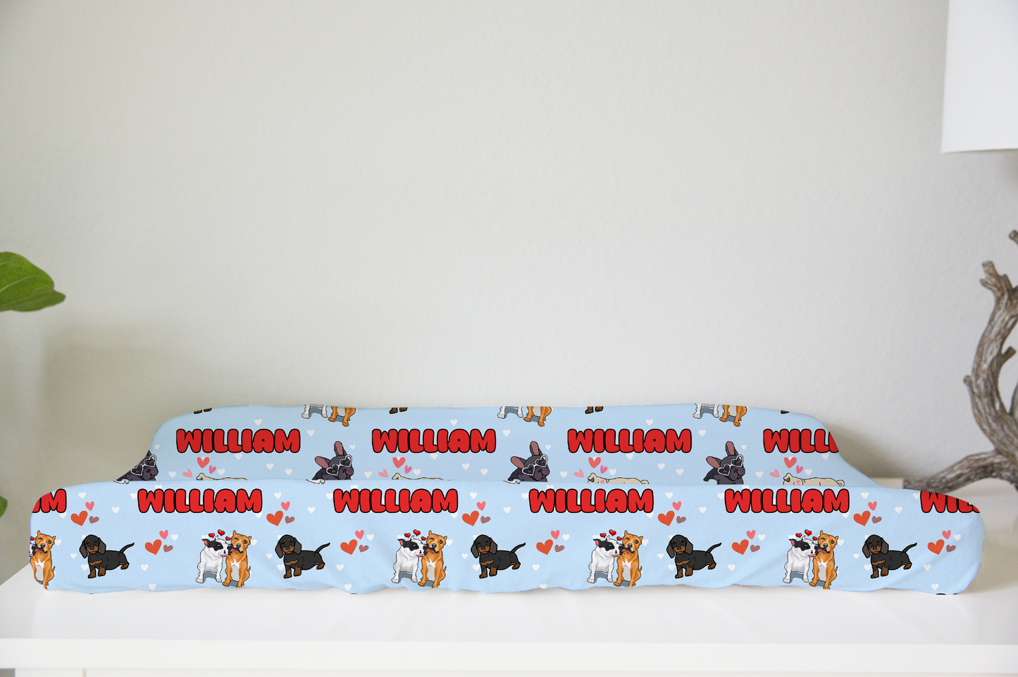 Puppy Love Blue Personalized Changing Pad Cover