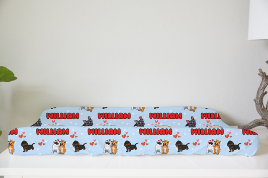 Puppy Love Blue Personalized Changing Pad Cover