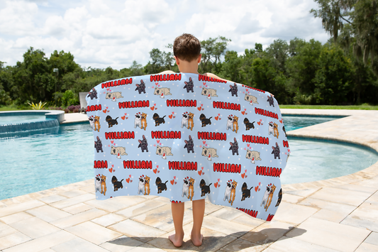 Puppy Love Blue Personalized Kids Beach Towel