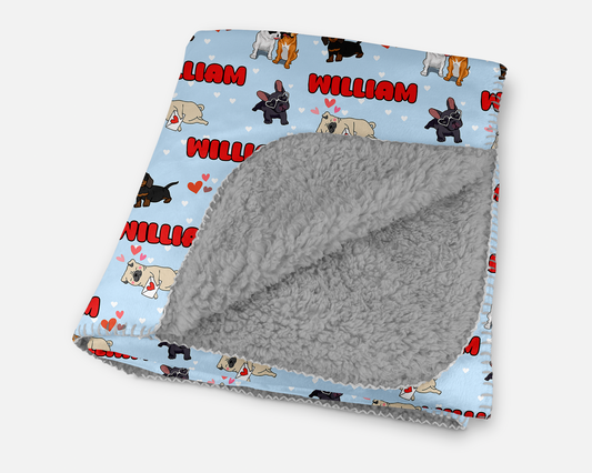 Puppy Love Blue Personalized Sherpa Blanket