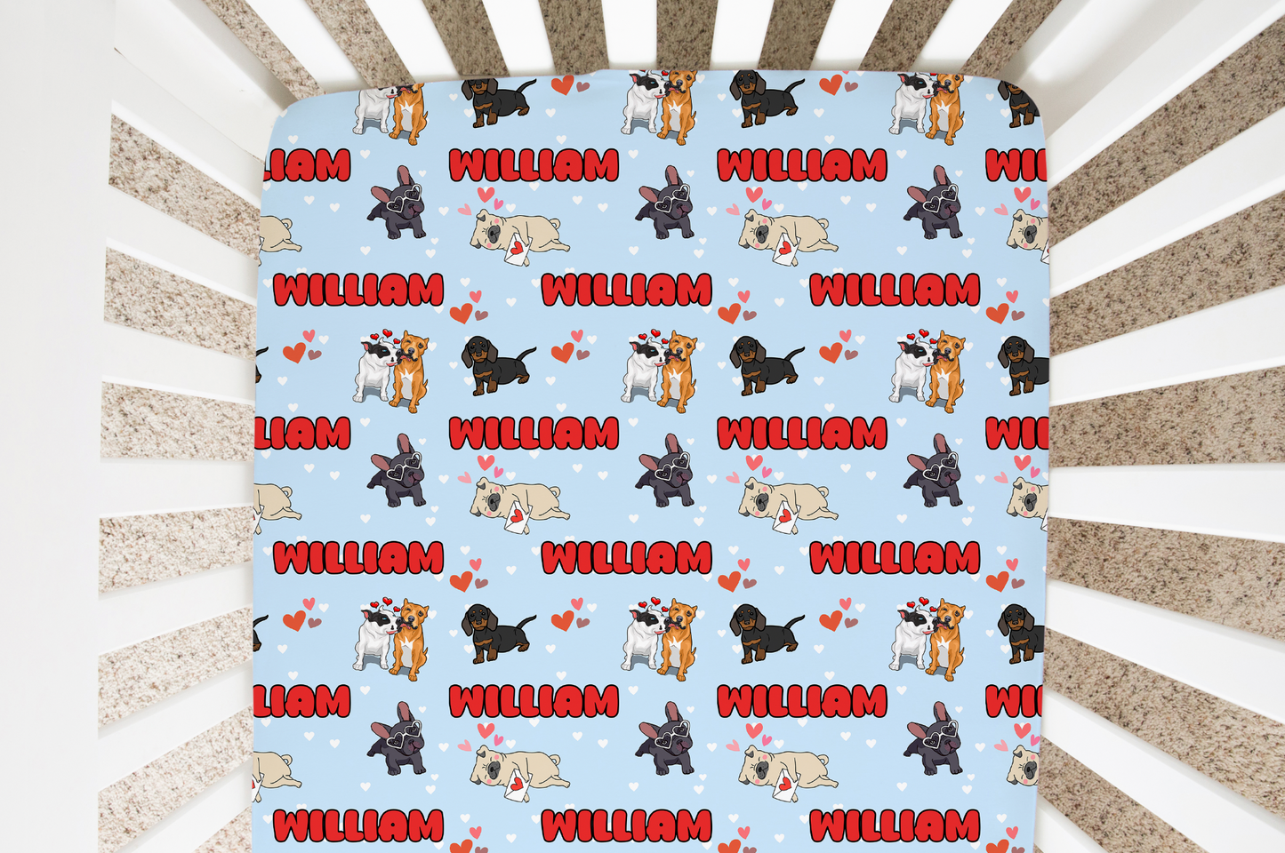 Puppy Love Blue Personalized Crib Sheet