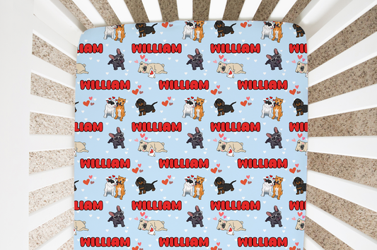 Puppy Love Blue Personalized Crib Sheet