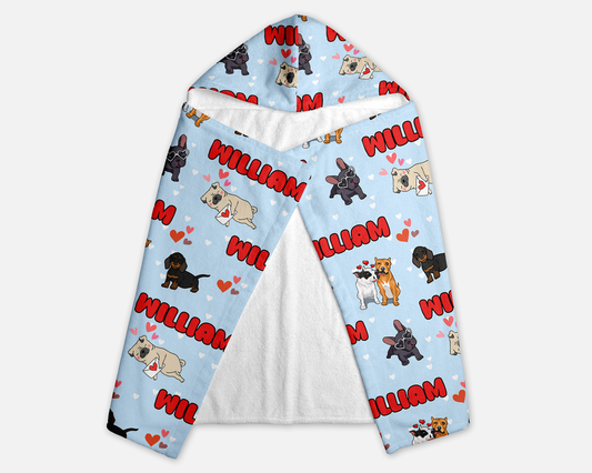 Puppy Love Blue Personalized Hooded Towel