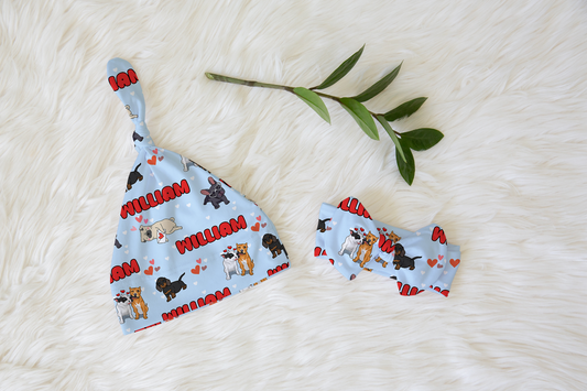 Puppy Love Blue Personalized Name Knotted Newborn Hat & Bow Headband