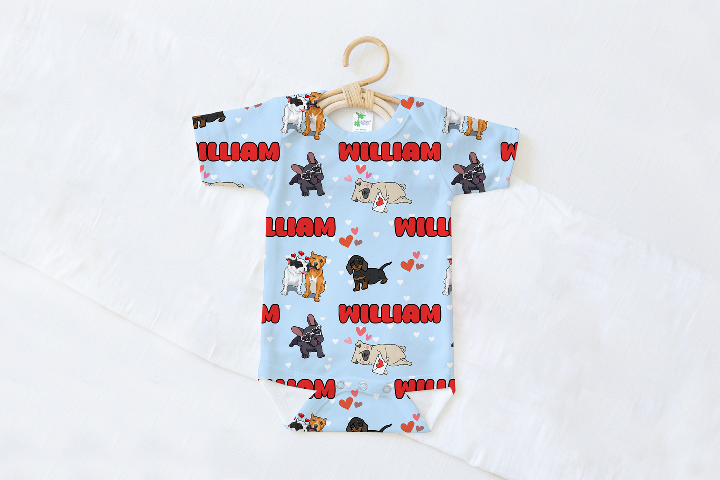Puppy Love Blue Personalized Name Baby Bodysuit