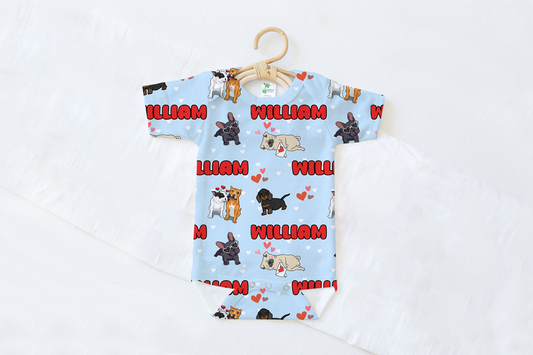 Puppy Love Blue Personalized Name Baby Bodysuit