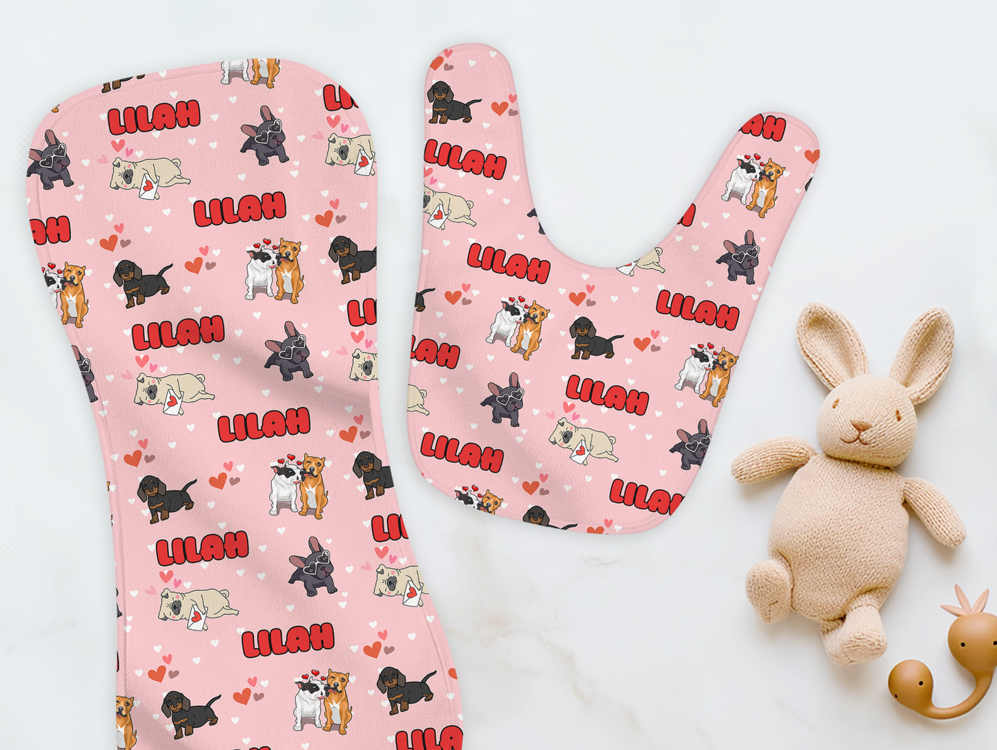 Puppy Love Pink Personalized Name Burp Cloth & Bib