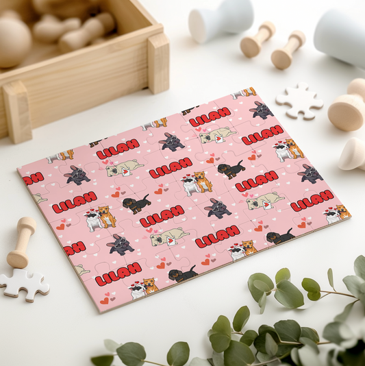 Puppy Love Pink Kids Personalized 30 Piece Puzzle