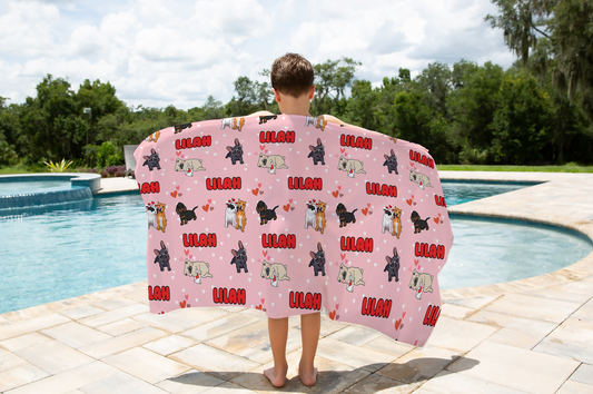 Puppy Love Pink Personalized Kids Beach Towel