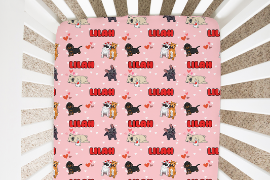 Puppy Love Pink Personalized Crib Sheet