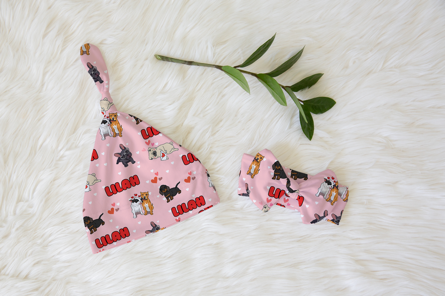 Puppy Love Pink Personalized Name Knotted Newborn Hat & Bow Headband