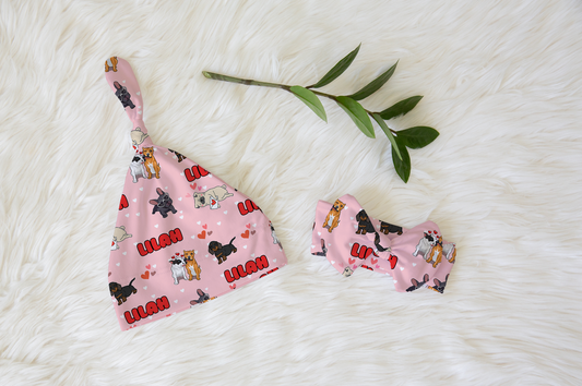Puppy Love Pink Personalized Name Knotted Newborn Hat & Bow Headband