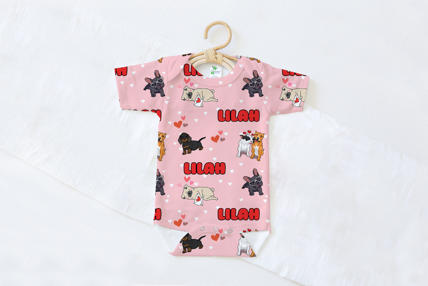 Puppy Love Pink Personalized Name Baby Bodysuit