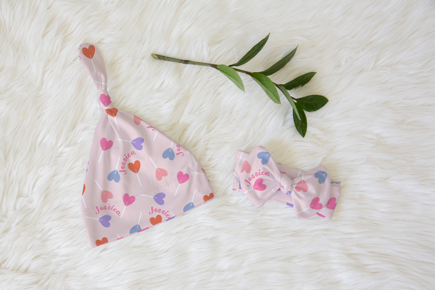 Lollypop Hearts Personalized Name Knotted Newborn Hat & Bow Headband