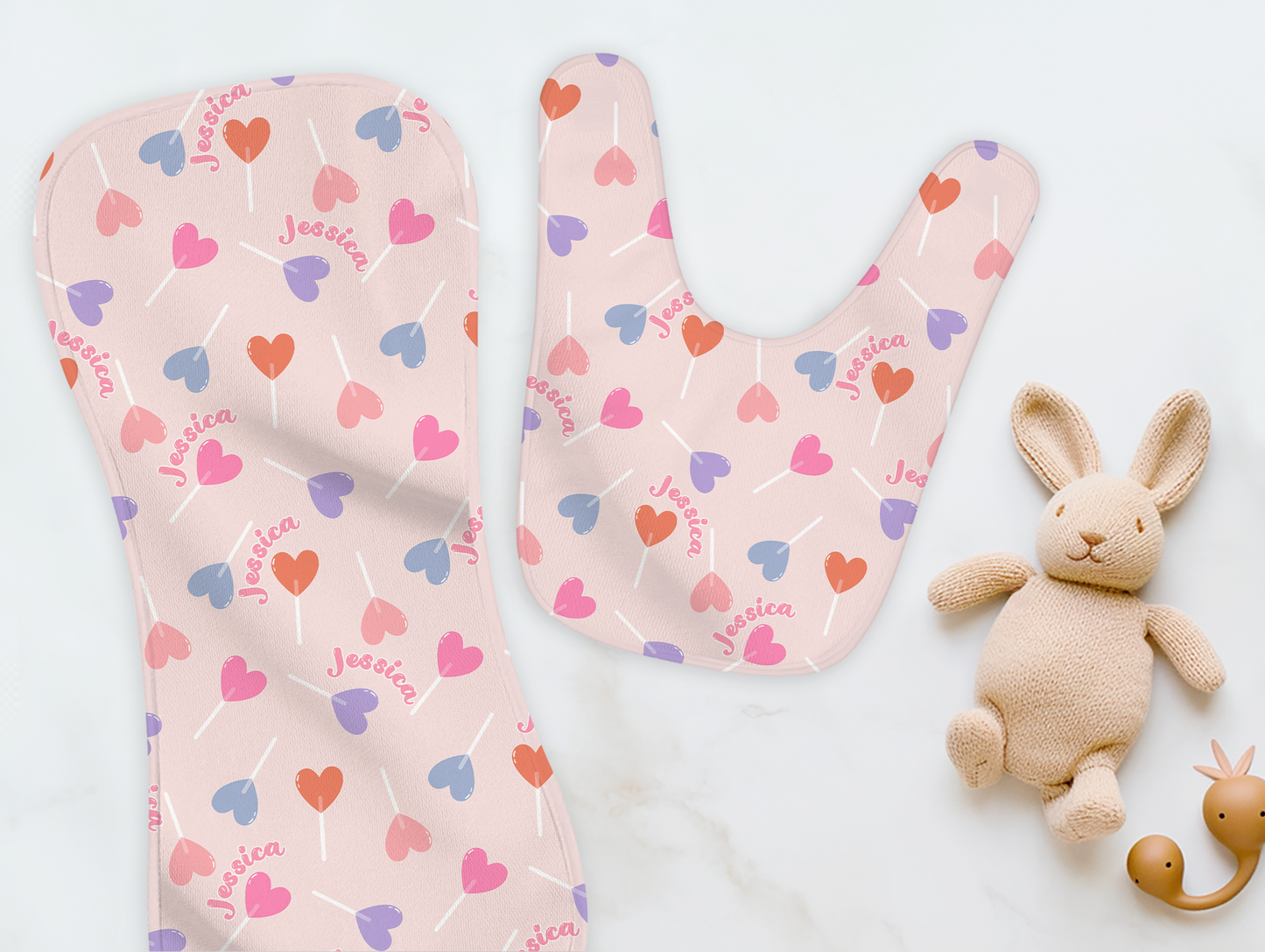 Lollypop Hearts Personalized Name Burp Cloth & Bib