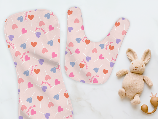 Lollypop Hearts Personalized Name Burp Cloth & Bib