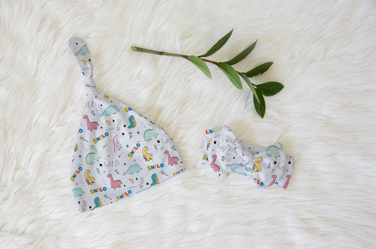 Dino Squad Personalized Name Knotted Newborn Hat & Bow Headband