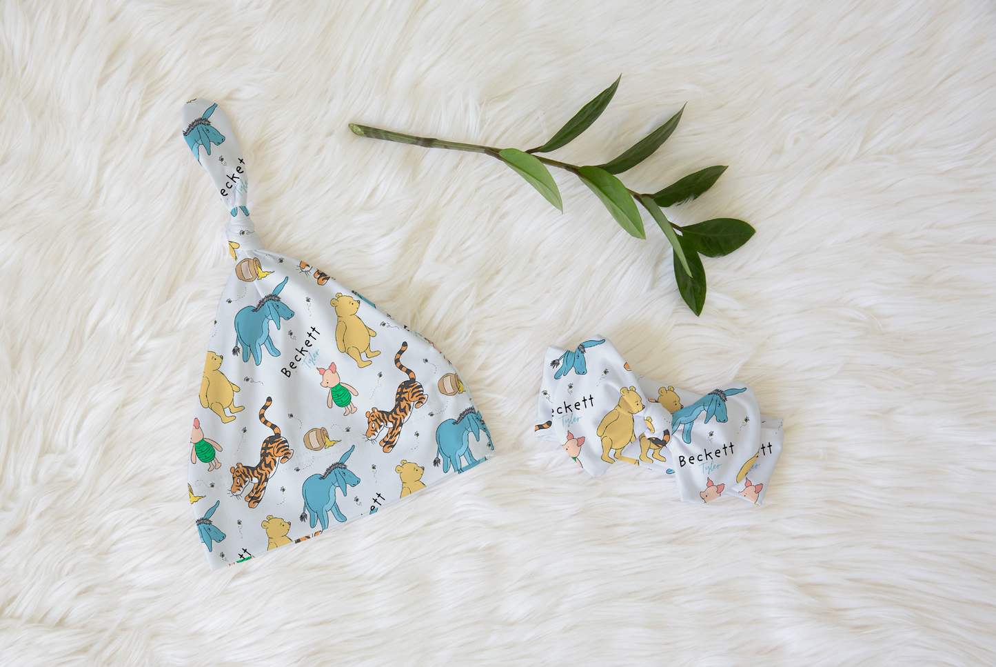 Storybook Pooh Personalized Name Knotted Newborn Hat & Bow Headband