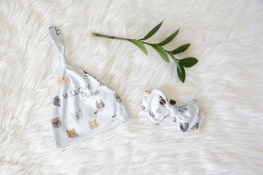 Cat Faces Knotted Newborn Hat & Bow Headband