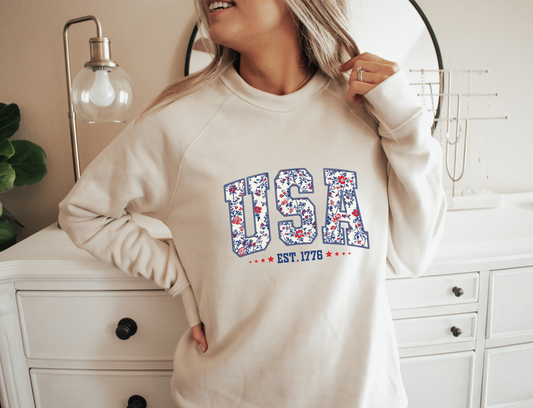 USA Floral Raglan Crewneck Women's Sweatshirt | Heather Dust