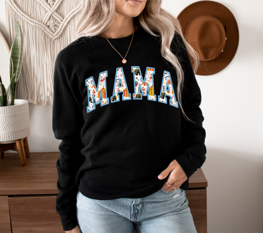 Button Eyes MAMA Raglan Crewneck Women's Sweatshirt | Black