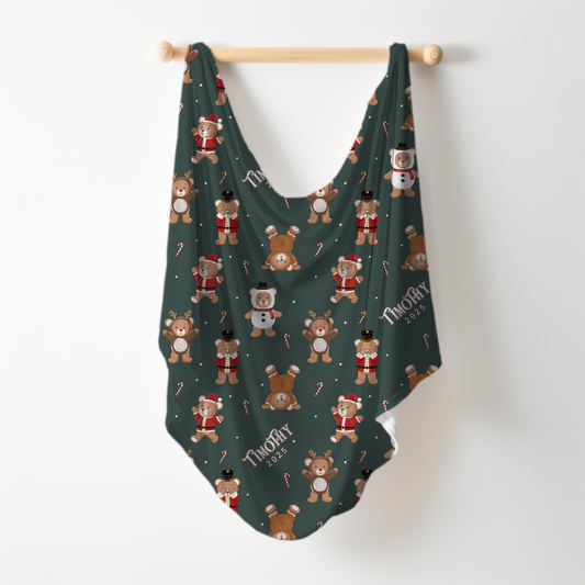 Teddy Bear Toyland Christmas Personalized Name Swaddle Blanket