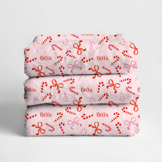 Peppermint Bows Christmas Personalized Beach Towel