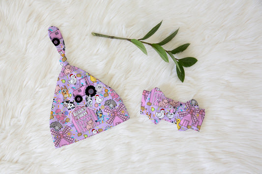 Farm Buddies Personalized Name Knotted Newborn Hat & Bow Headband | Pink