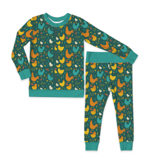 Cluck & Bloom Teal Trim Long Sleeve Jersey Jams – Two-Piece Loungewear Set
