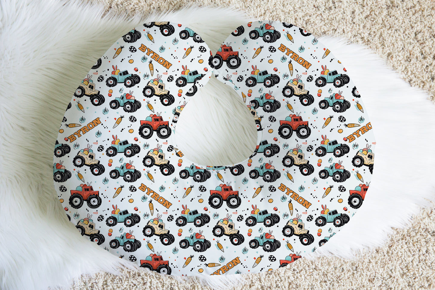 Easter Monster Trucks Personalized Baby Name Nursing Pillow Cover