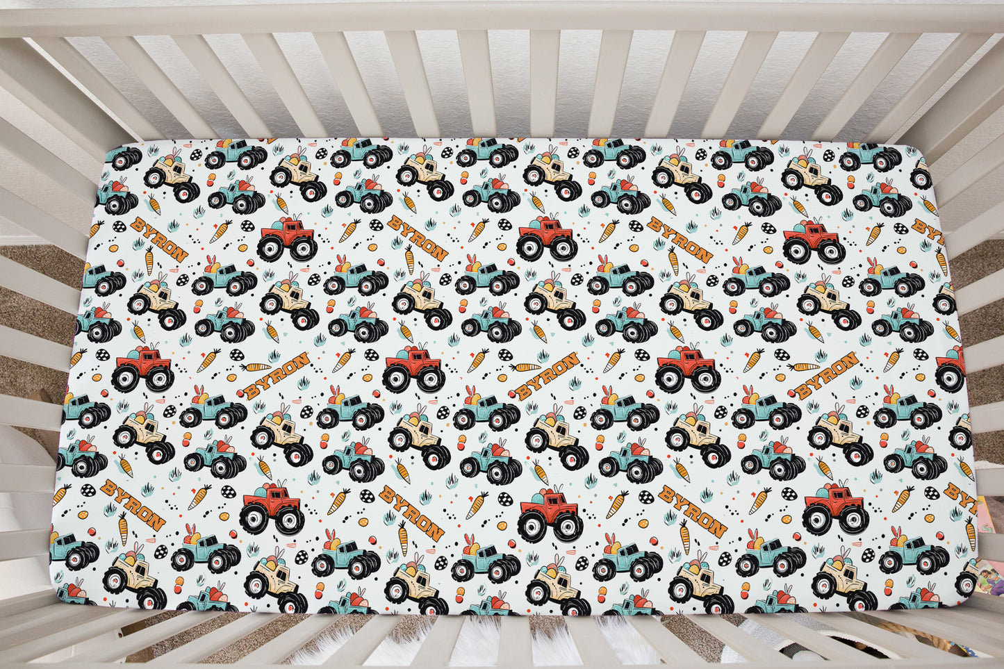 Easter Monster Trucks Personalized Crib Sheet